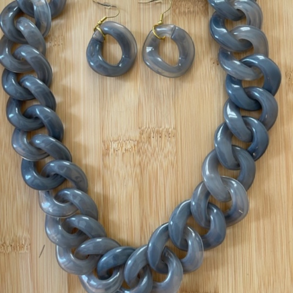 Gray Lucite Necklace And Matching Earrings